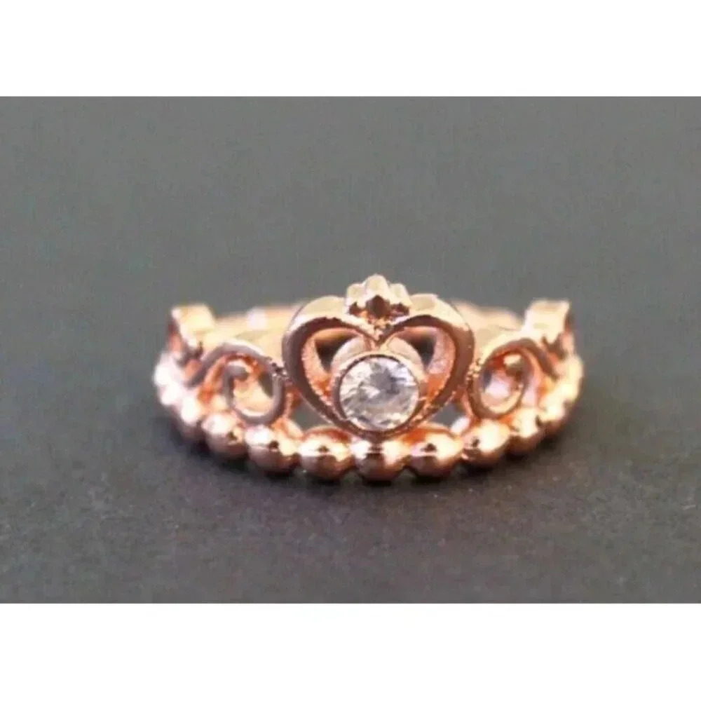 Vintage Art Nouveau Gaudy Cocktail ROSE GOLD Princess Crown Ring Sz 7.5